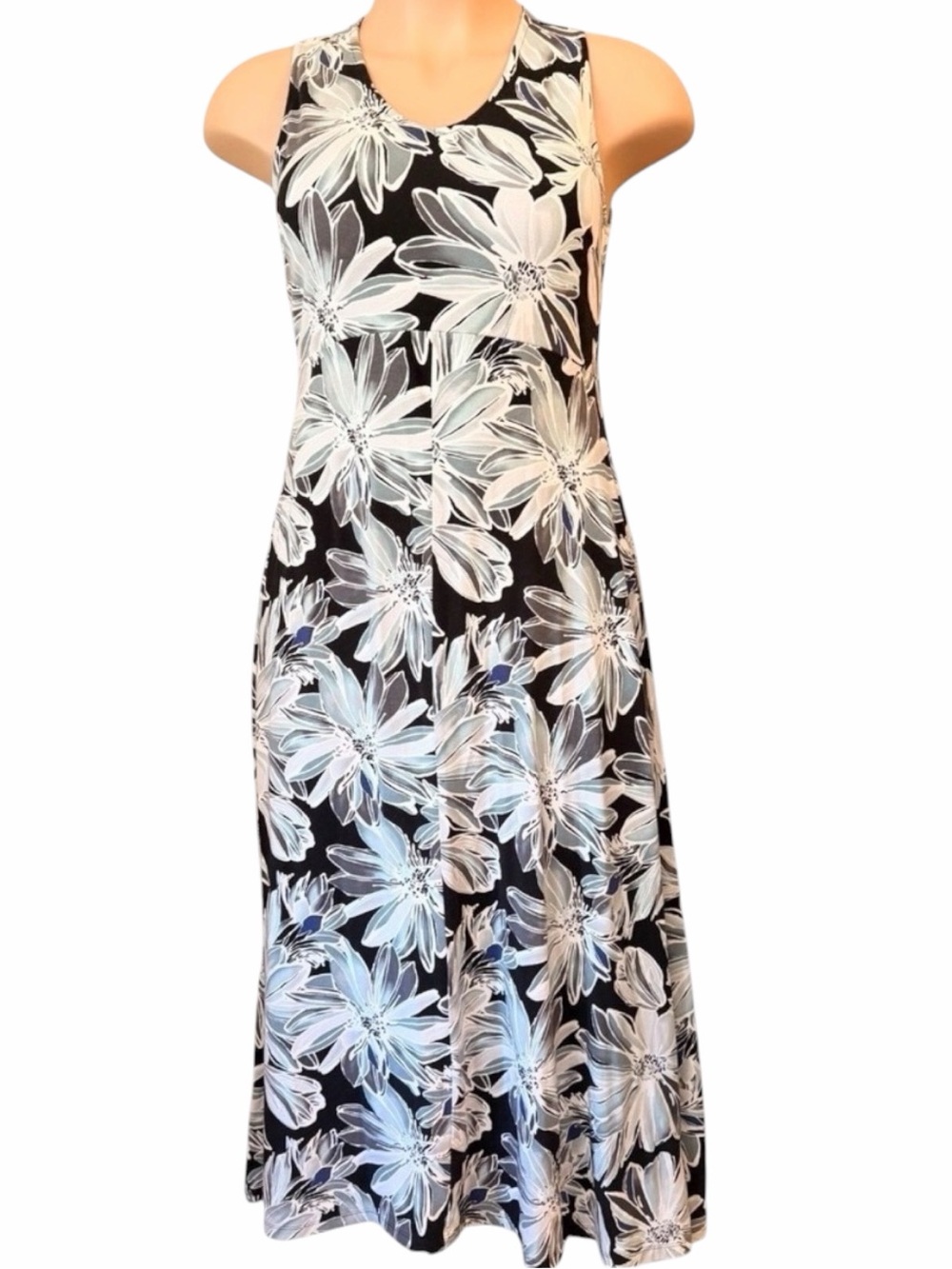 Talbots Petites Floral Maxi Dress Blue Black Sleeveless Stretch Knit MP